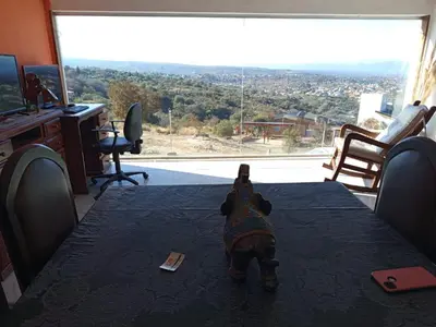 a teddy bear laying on a table in an office at CABAÑA Casa Saavedra in Tanti
