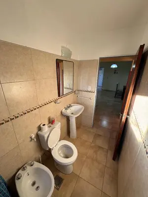 a bathroom with a toilet and a sink and a mirror at Apart Dinkendein de 2 dormitorios in Río Cuarto