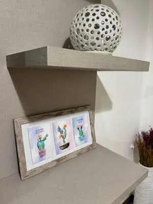 a shelf with a picture of a potted plant and a vase at Atardecer urbano en el corazón de Carlos Paz in Villa Carlos Paz