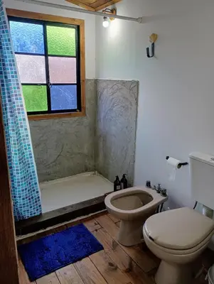 a bathroom with a shower and a toilet and a window at Kururu Cabaña en Villa Yacanto con vista a las sierras in Villa Yacanto