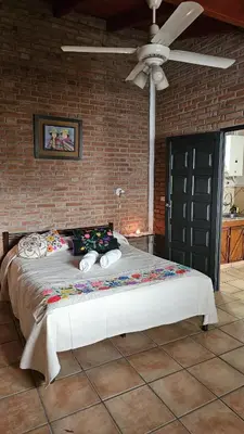 a bedroom with a large bed with a ceiling fan at Casa Cian in Mina Clavero