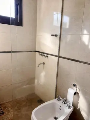 a bathroom with a toilet and a sink and a shower at Cabañas Antartida in Villa Carlos Paz