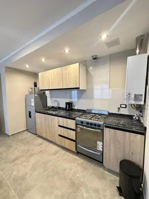 a kitchen with a stove and a refrigerator at Departamentos Sol y Lago in Villa Carlos Paz