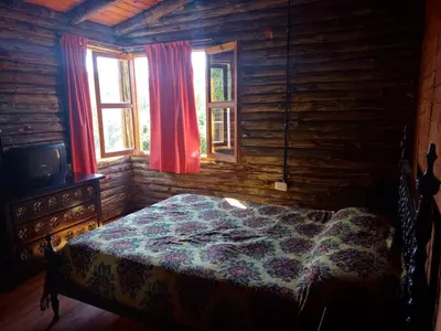 a bedroom with a bed in a log cabin at Cabaña en los solares in Villa Ciudad Parque