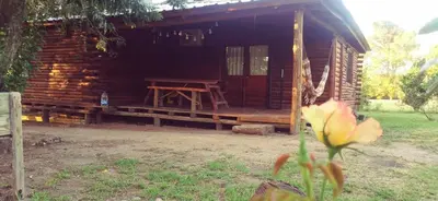 a log cabin with a picnic table in front of it at Cabaña en los solares in Villa Ciudad Parque
