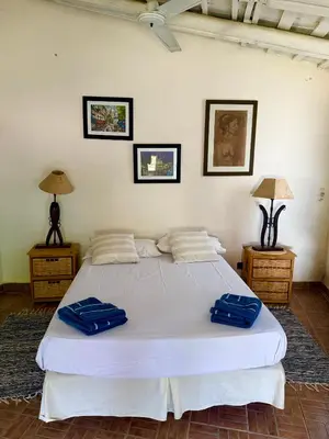 a bedroom with a large bed with two blue pillows on it at Casita de campo La Añurita in San Javier