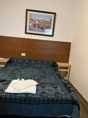 a bed with a blanket and a picture on the wall at Hospedaje Malvinas in Alta Gracia