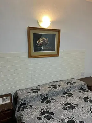 a bedroom with a bed and a picture on the wall at Hospedaje Malvinas in Alta Gracia