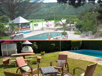 two pictures of a backyard with a pool and chairs at Casas y Chalets Privados Valle del Reposo in Bialet Massé