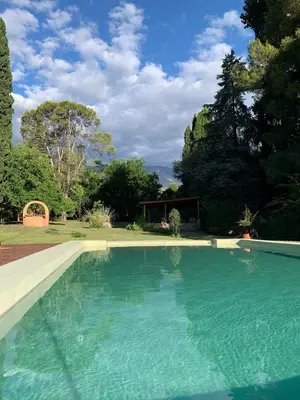 a large swimming pool in a yard with trees at Casa de campo La Añurita in San Javier