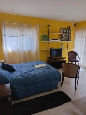 a bedroom with a bed and a desk and a tv at Monoambiente Alto Verde in Cordoba