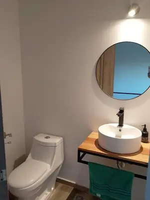 a bathroom with a toilet and a sink and a mirror at Cabaña Siegfried in Villa General Belgrano