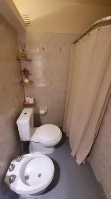 a bathroom with a white toilet and a sink at Depto Centro con Patio Pet Friendly La Cañada in Cordoba