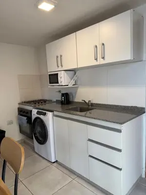 a kitchen with a sink and a washing machine at Stanza Córdoba, Heriberto Martinez, Villa Belgrano in Cordoba