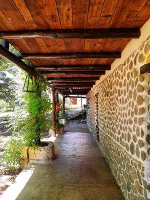 a building with a wooden roof and a brick wall at Estancia san Miguel in San Miguel de los Rios
