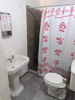 a bathroom with a toilet and a sink and a shower curtain at Departamento sol in Cordoba