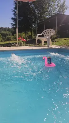 a pink toy in a swimming pool with a toy duck at La Bonita, casa en alquiler frente al lago in La Estancia