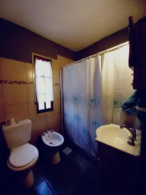a bathroom with a toilet and a sink and a shower at Abrazo del Sol in Villa Santa Cruz del Lago