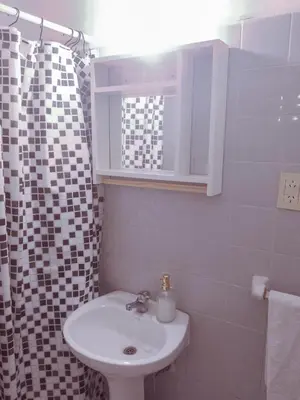 a bathroom with a sink and a shower curtain at Monoambiente Céntrico - Alberdi, Córdoba Capital - Cerca del Centro, Hospital Nacional de Clínicas, Plaza de la Música, Nuevocentro Shopping y Hotel Quinto Centenario in Cordoba