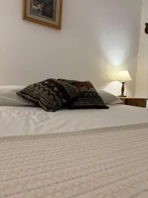 a bed with a pillow on top of it at Posada Don Ramón in Estancia Vieja