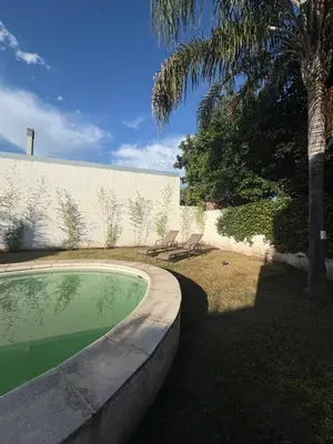 a swimming pool with a bench and a palm tree at Casa Guemes, pet friendly in Villa Carlos Paz