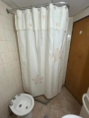 a bathroom with a shower curtain and a toilet at Apart Geranio, monoambiente en planta baja in Río Cuarto