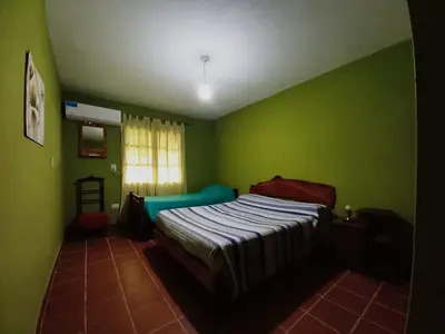 a bedroom with a bed in a green room at Abrazo del Sol in Villa Santa Cruz del Lago
