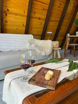 a table with two glasses of wine and a tray of food at Aire Escondido in Villa Berna