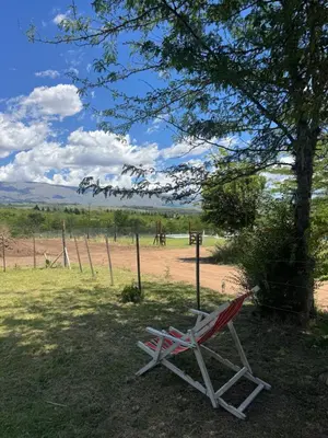 a red chair sitting under a tree in a field at Cabaña Zara in Villa Yacanto