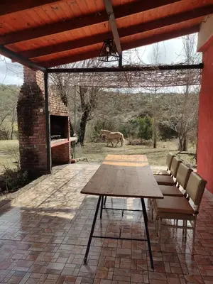a table and chairs on a patio with a dog in the background at La Pasionaria, casa de campo con pileta in Villa García