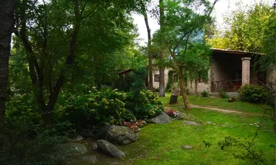 a yard with a house and some flowers and trees at Las Nubes Cabañas & Loft in San Javier