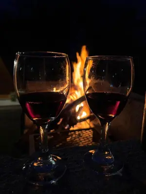 two glasses of red wine sitting next to a fire at ALPINAS DeL MONTE in Cortaderas