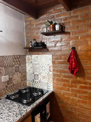a kitchen with a stove and a brick wall at ALPINAS DeL MONTE in Cortaderas