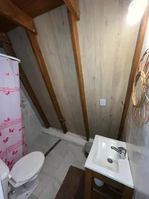 a bathroom with a toilet and a sink at ALPINAS DeL MONTE in Cortaderas
