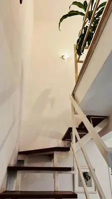 a wooden staircase with a potted plant on it at Departamento tres dormitorios excelente ubicación Nueva Córdoba in Cordoba