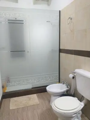 a bathroom with a shower and a toilet and a sink at Alojamiento Mabel in Merlo