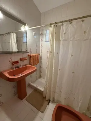 a bathroom with a red sink and a shower at El Nogal in Villa Carlos Paz
