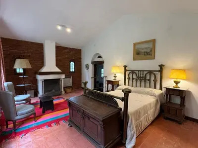 a bedroom with a bed and a fireplace at Casa Paine in San Javier