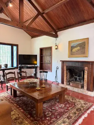 a living room with a wooden table and a fireplace at Casa Paine in San Javier
