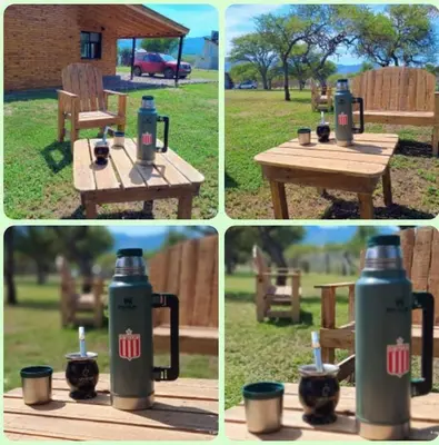 a group of four pictures of a picnic table and a bench at Cabanas del Solar in Los Reartes