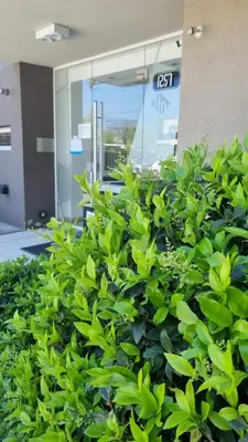 a group of green bushes in front of a building at Garage y Gimnasio Depto Ideal Villa Dolores in Villa Dolores