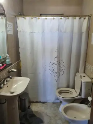 a bathroom with a toilet and a sink and a shower curtain at Casa en las Sierras de Cordoba in Villa Parque Siquiman