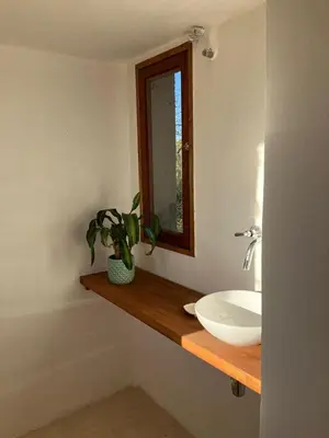 a bathroom with a sink and a mirror and a plant at Casa de Las Brujas Traslasierra in Los Molles