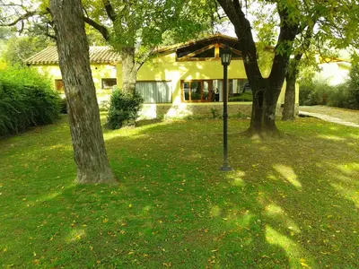 a yard with two trees and a house at Panacea Hotel in Villa General Belgrano