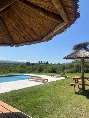 a resort with a swimming pool and a straw umbrella at Villa alpina in Bialet Massé
