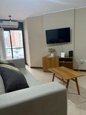 a living room with a couch and a tv and a table at Bv Illia - 1 dormitorio Bº Nueva Córdoba in Cordoba