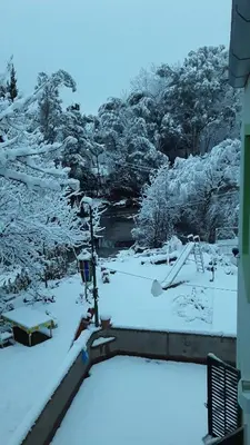 a view of a snow covered yard with a bench at Casa Cali in Tanti Nuevo