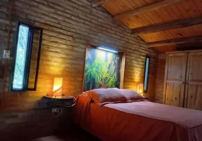 a bedroom with a bed in a wooden wall at Casa de Campo in Santa Rosa de Calamuchita