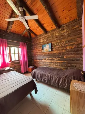 a bedroom with a bed and a wooden wall at Cabañas La Lila in Santa Rosa de Calamuchita