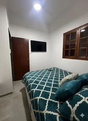 a bedroom with a bed and a flat screen tv at La Rosas apartments in La Porteña
